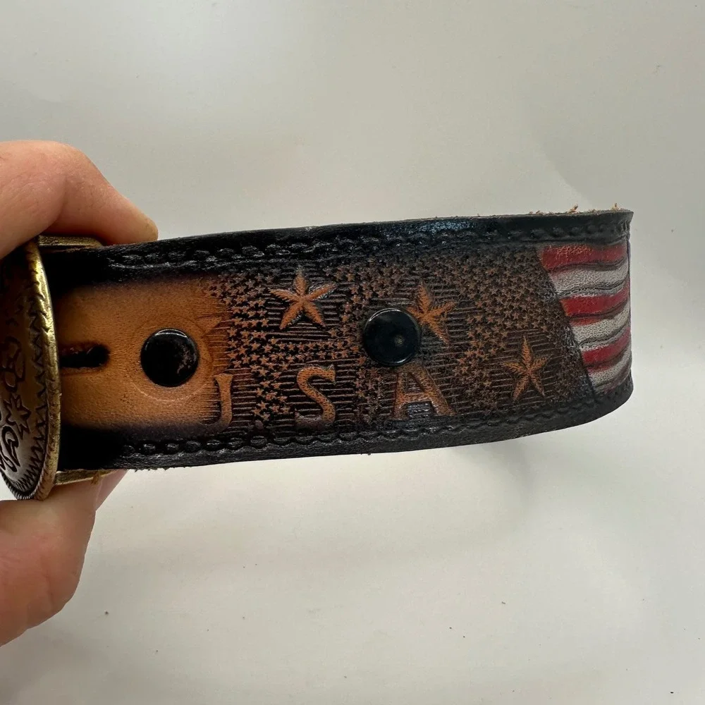 Brushy Creek Mens 38 Leather Belt USA Stars & Stripes Flag Western Brass Buckle